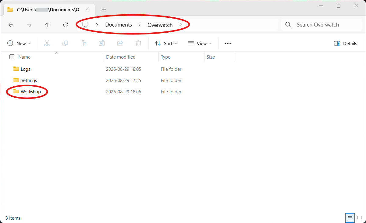 File Explorer at Documents and Overwatch, with the Workshop folder highlighted among the Logs, Settings and Workshop folders