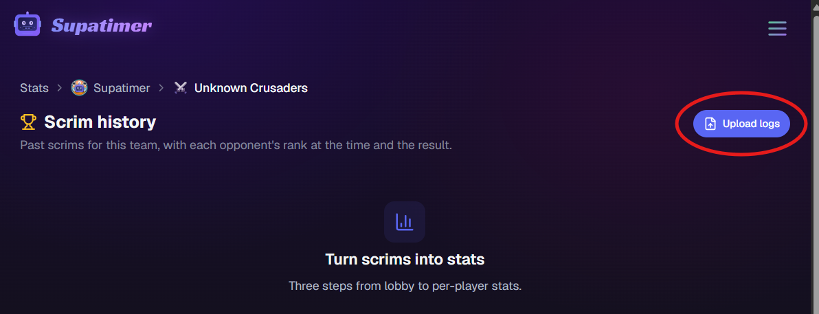 A Supatimer team's Scrim history page with the Upload logs button highlighted in the top right