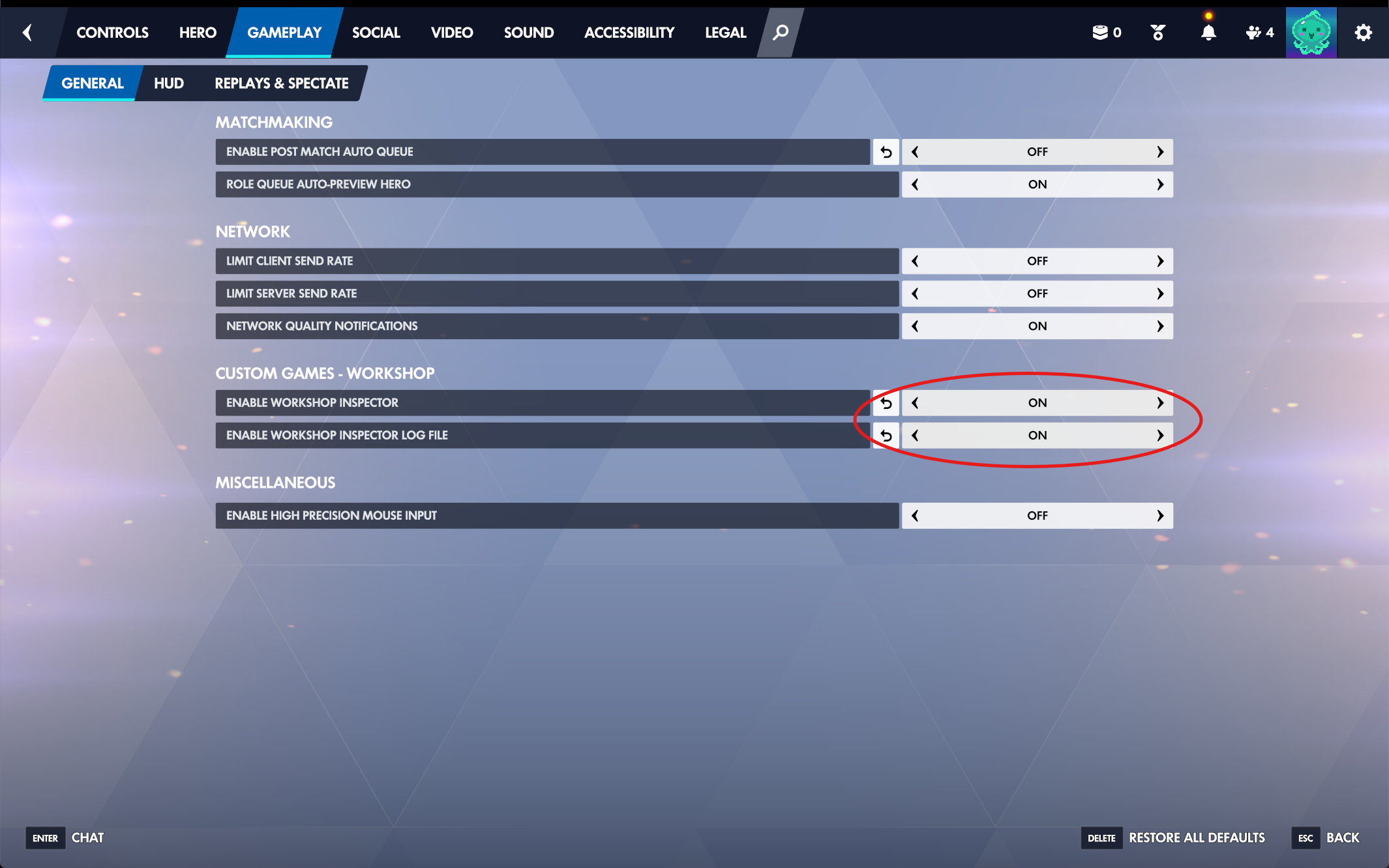 Overwatch Gameplay options showing the Custom Games - Workshop section with Enable Workshop Inspector and Enable Workshop Inspector Log File both set to On