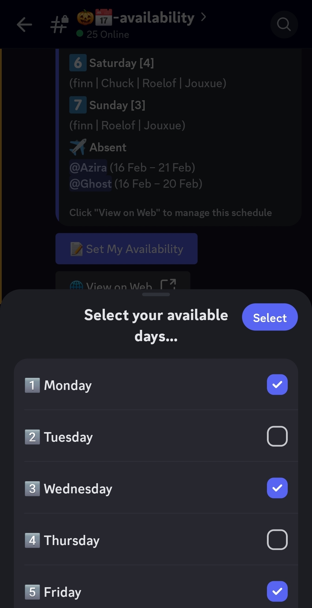 Select your available days