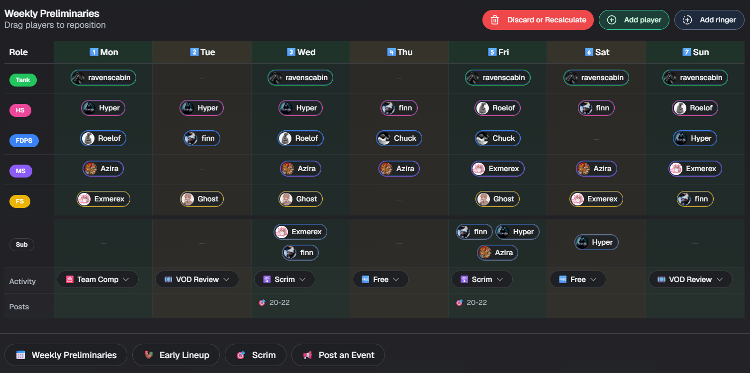 Weekly Preliminaries - auto-generated lineup grid showing roles, players, and activities for each day of the week